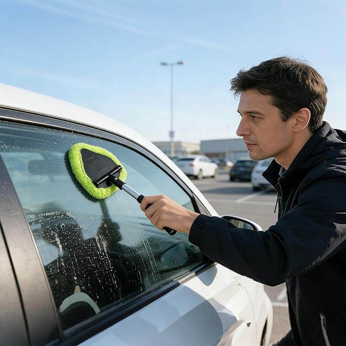 Microfiber Car Windshield Cleaning Tool with Extendable Handle,Car Defogging Glass Cleaning Brush with 4 Reusable Microfiber Pads 1 Spray Bottle and 1 Car Dust Removal Brush. (Green)