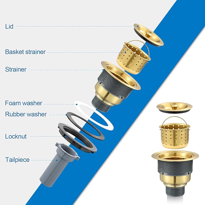 3-1/2-inch Kitchen Sink Drain, Stainless Steel Removable Deep Basket Strainer, Gold Kitchen Sink Drain with Tailpiece
