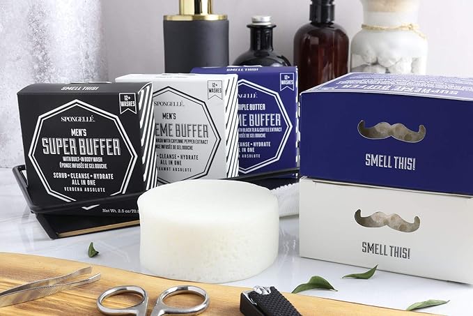 SPONGELLÉ Men’s Supreme, Super and Extreme Buffer Set | Dual-Sided Scrubber & Body Wash Infused | Deep Cleansing & Exfoliating | 20+ Washes