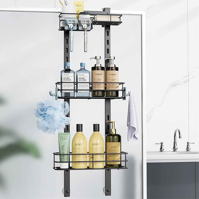 ODesign Over The Door Shower Caddy, 3-Tier Adjustable Hanging Shower Caddy with Soap Holder & 4 Hooks, Rustproof Bathroom Organizer with Suction Cup - Black