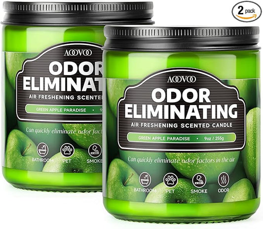 AOOVOO Green Apple 2 Pack Odor Eliminating Highly Fragranced Candle - Eliminates 95% of Pet, Smoke, Food, and Other Smells Quickly, Air Freshing Soy Candle, Up to 100 Hours Burn time