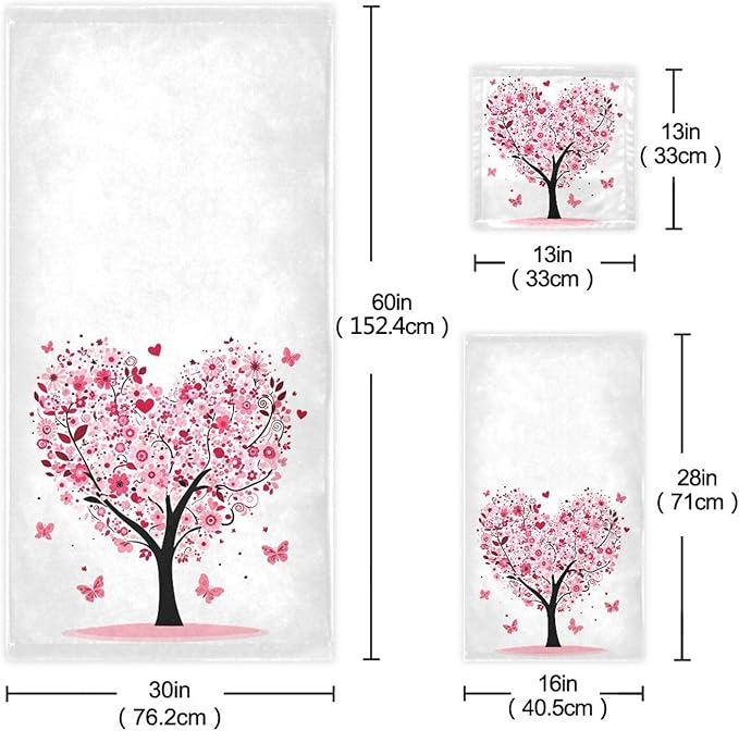 Pfrewn Pink Flowers Heart Tree Towels Set of 3 Romantic Love Spring Trees Butterfly Bathroom Towel Soft Absorbent Bath Hand Towels Washcloth Guest Towel Sets Mother's Valentine's Day Decorations