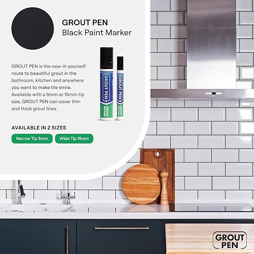 Grout Pen Black Tile Paint Marker: Waterproof Grout Paint, Tile Grout Colorant and Sealer Pen - Black, Narrow 5mm Tip (7mL)