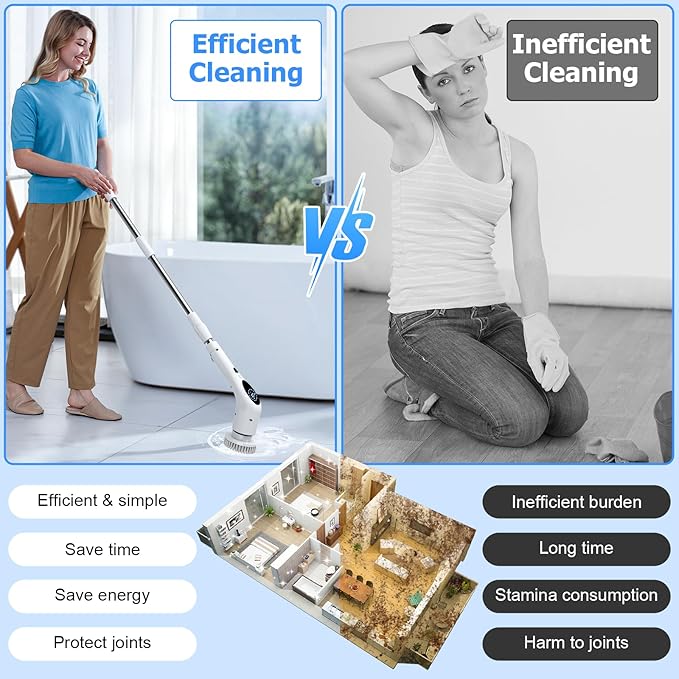 Electric Spin Scrubber, Cordless 3 Speeds Cleaning Brush 430 RPM, Adjustable/Detachable Long Handle, Shower Scrubber for Bathroom, Car, Floor, Shower Cleaning Brush with 9 Replaceable Brushes (White)