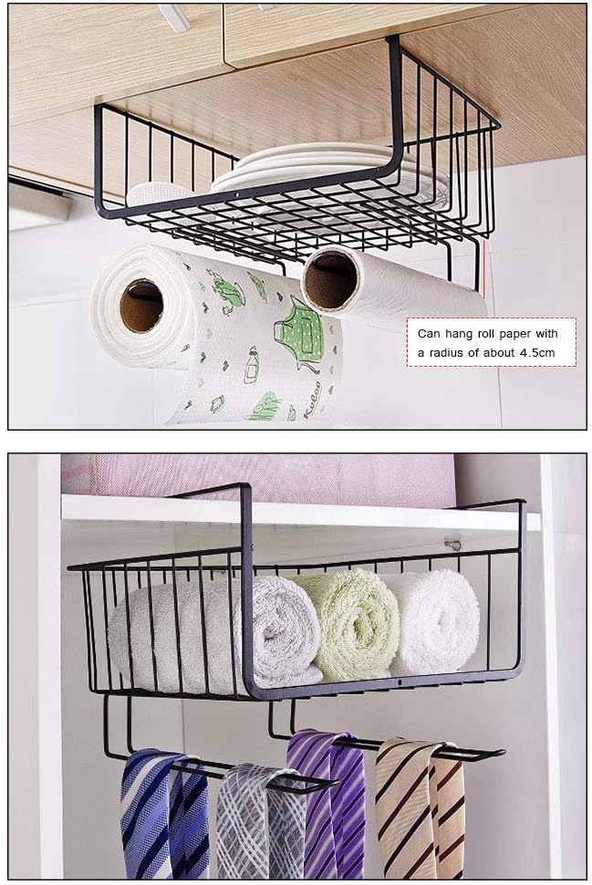 Pssopp Under Shelf Wire Basket, Hanging Storage Baskets Under Shelf Storage Organizer for Kitchen Pantry Desk Bookshelf (Black)