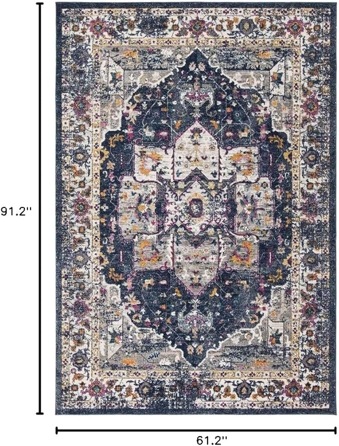 SAFAVIEH Evoke Collection Area Rug - 5'3" x 7'6", Navy & Grey, Oriental Medallion Distressed Design, Non-Shedding & Easy Care, Ideal for High Traffic Areas in Living Room, Bedroom (EVK275N)