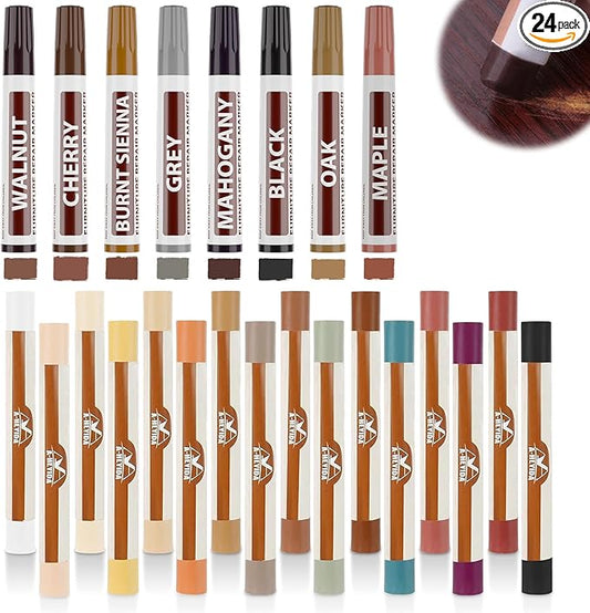 A-HEYIDA Wood Filler Putty Sticks -16 Colors Wax Crayons & 8 Furniture Marker Touch-Up Pens for Wood Floors & Cabinet Scratches, Cracks and Nail Holes - Laminate Floor Repair Kit