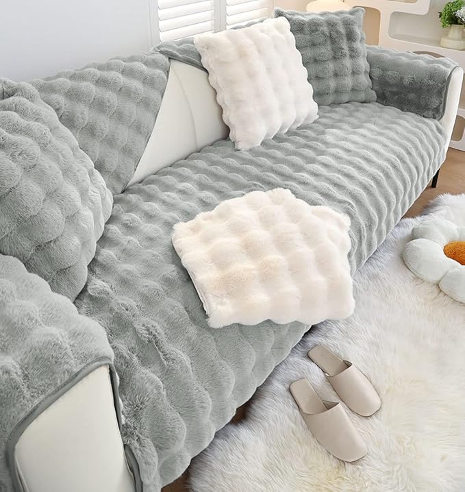 Soft Warm Faux Fur Couch Sofa Cover Thick Shaggy Fuzzy Sectional Couch Cover Non-Slip Solid Color Plush Sofa Slipcover Furniture Protector for Kids, Pets (Light Grey,36"x36")