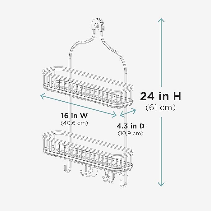 Zenna Home Shower Caddy, Modern and Functional, Steel Shower Rack with 2 Extra Wide Shelves and Built-in Hooks, Satin Nickel
