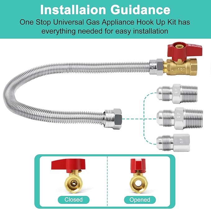 One Stop Gas Appliance Hook Up Kit, 22" Stainless Steel Flexible Gas Line Hose with Brass Gas Ball Valve & Fittings for Mr. Heater, Gas Stoves, Wall Mounted Heaters, Gas Fireplace & Gas Dryer