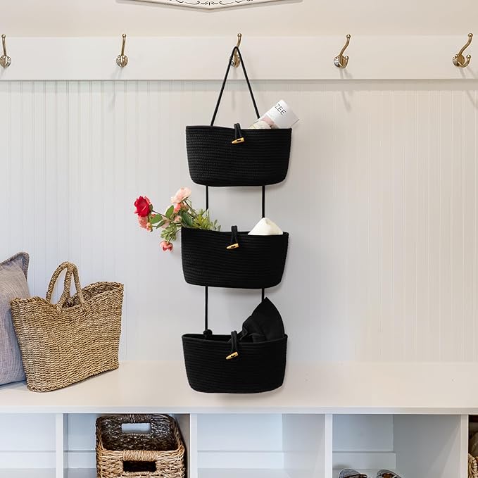 TeoKJ Over the Door Hanging Baskets with Button Strap, 3-Tier Woven Cotton Storage Organizer Bag, Wall-Mounted with Hook Decorative Hanging Nursery Baskets - Black