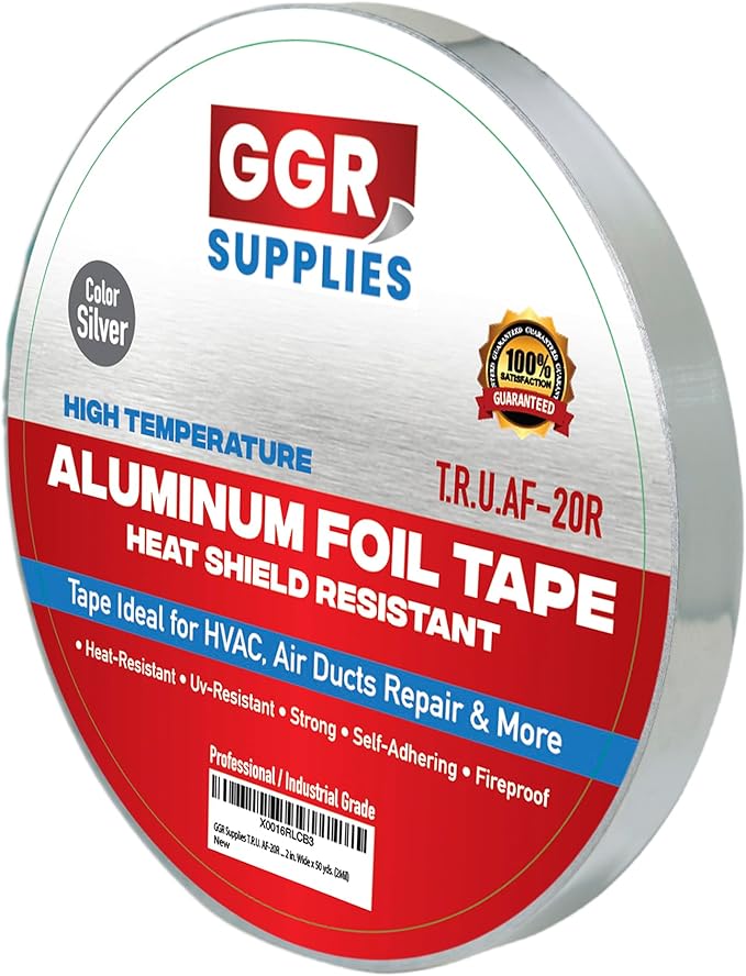 GGR Supplies AF-20R Professional/Industrial Grade High Temperature Heat Shield Resistant Aluminum Foil Tape Ideal for HVAC, Air Ducts Repair (3.6Mil): 1/2 in. Wide x 50 yds.