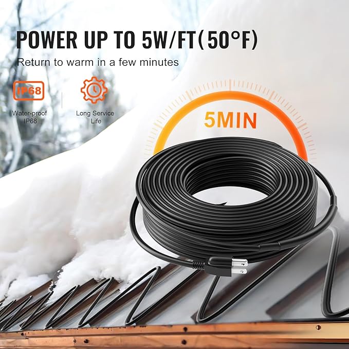 VEVOR Self-Regulating Pipe Heating Cable, 120FT 5W/FT Heat Tape for Pipes, Roof Snow Melting De-icing, Gutter and Pipe Freeze Protection