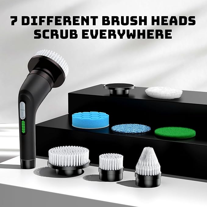 2 Pieces Electric Spin Scrubber - Cordless Bathroom Scrubber with 7 Brush Heads - Dual Speed IPX7 Waterproof Power Scrubber for Heavy-Duty Bathtub, Glass, Tile, and Car Cleaning