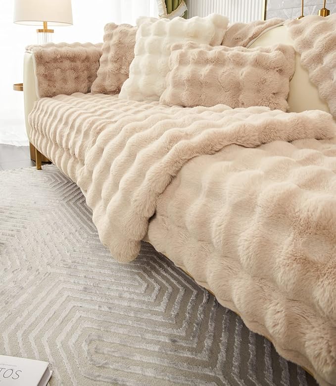 Soft Warm Faux Fur Couch Sofa Cover Thick Shaggy Fuzzy Sectional Couch Cover Non-Slip Solid Color Plush Sofa Slipcover Furniture Protector for Kids, Pets (Light Brown,36"x47")