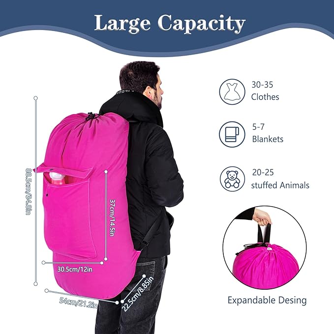 Sanlykate Canvas Backpack Laundry Bag - Extra Large Durable Dirty Clothes 2-3 Days Capacity with Adjustable Shoulder Strap & Front Pocket, for College Dorm, Apartment, Laundromats, Camping Travel