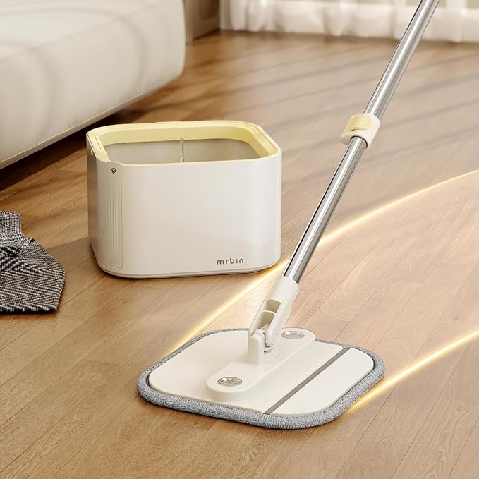 Mrbin Spin Mop for Floor Cleaning and Bucket Set, 2 In 1 Quick Dry Wet Flat Swivel Trapeador Hands Free with Washable Microfiber Pads, Refillable Tank for Hardwood, Laminate, Tile, Vinyl, Cream White