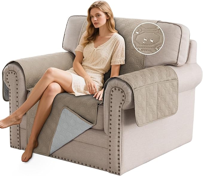 PrinceDeco Chair Covers Slipcover Waterproof Couch Cover That Stays On Sofa Non-Slip Armchair Cover with Elastic Straps Washable Slipcover Furniture Protector for Dogs Pet Friendly(Chair, Taupe)