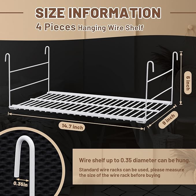 Amylove 4 Pieces 14.7 Inch Hanging Wire Shelf Organizer Closet Storage Shelves Hanging Wire Shelving Rack Accessories for Closet Pantry Storage Room Bathroom Organization, White