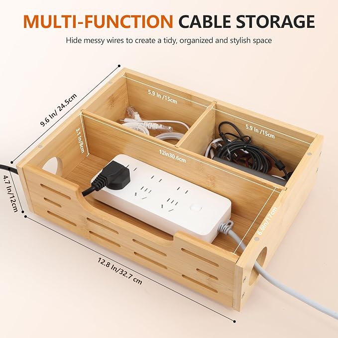 Cable Management Box – Large Extension Cable Organizer Box for Power Strips Floor Outlet Hider Durable Bamboo Cord Hider for Home Office Under Desk & Floor TV Wires Computer Router USB Hub Cables
