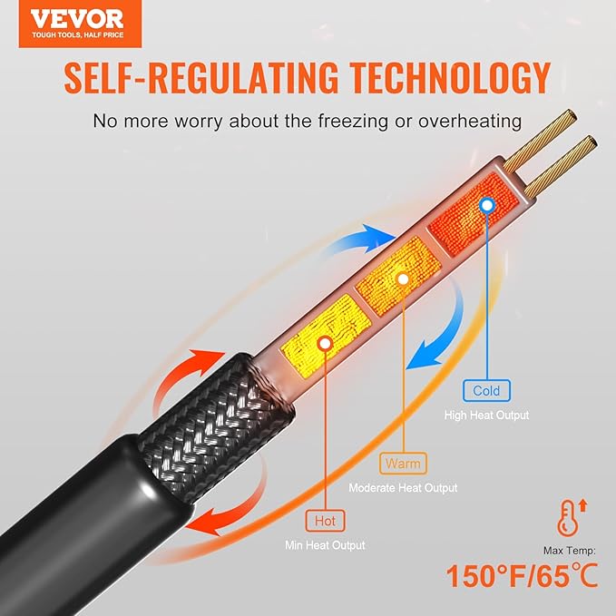 VEVOR Self-Regulating Pipe Heating Cable, 120FT 5W/FT Heat Tape for Pipes, Roof Snow Melting De-icing, Gutter and Pipe Freeze Protection