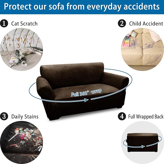 Loveseat Sofa Slipcover Leather Look Couch Covers for 2 Seater Couch Sofa 1-Piece Sofa Cover Stretch Furniture Protector with Elastic Bottom & Pockets(Loveseat, Coffee)