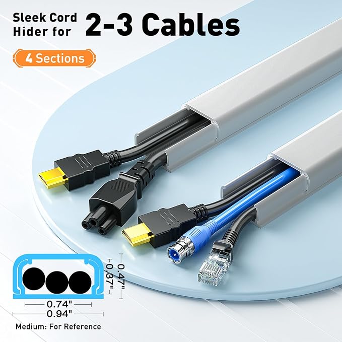 Delamu Grey Cord Hider, 62.8in Cable Hider, Grey Cord Covers for Wires on Wall, Wire Covers for 2-3 Cords, Wire Hiders for TV on Wall, Easier Setup Cable Cover Management, 4X L15.7 W0.94 H0.47in