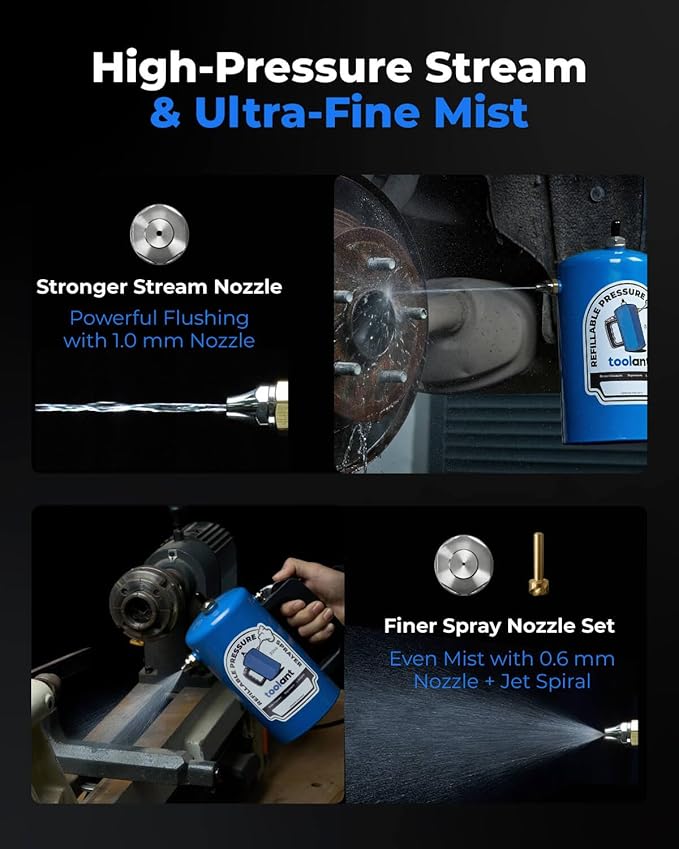 toolant 32oz Refillable Pressurized Sprayer, Steel Canister, Rust-Resistant Lining, Needle Valve Leak-Resistant, 1.0/0.6mm Nozzles, Funnel Included, 200 PSI Max, for Brake Cleaner & Solvents, Blue