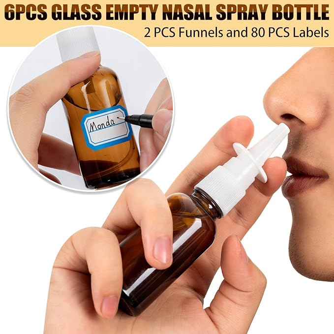 10 Pcs Nasal Spray Bottle, 30ML/1oz 6 Pcs Glass Nose Spray Bottle Empty, Fine Mist Sprayers Atomizers with 2 Funnels and 2 Labels