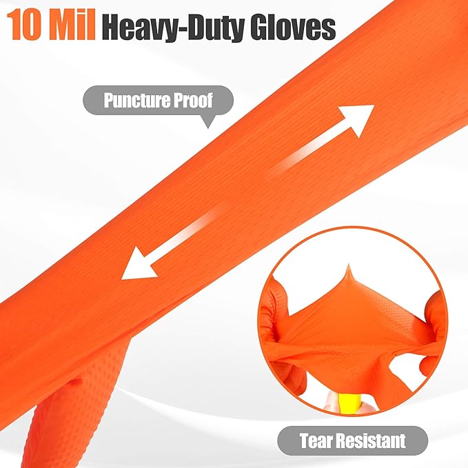TREEGO Orange Nitrile Gloves 10 Mil Disposable Rubber Mechanic Gloves, Heavy Duty Diamond Grip for Automotive, Latex Free Industrial Work Gloves, 100 Count Large