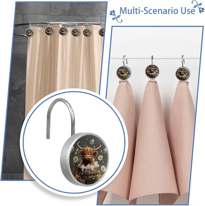 Rural Bathing Highland Cow Shower Curtain Hooks 12Pcs, Decorative Rust Resistant Shower Rings for Shower Curtain Rods, Stainless Steel Round Curtain Hooks for Bathroom, Bedroom, Farmhouse