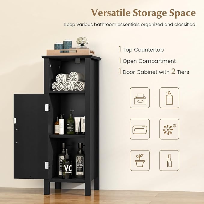 HAPPYGRILL Bathroom Floor Cabinet, Narrow Organizer Console Table Nightstand w/Adjustable Inner Shelves, Freestanding Storage Cabinet for Living Room Kitchen Entryway (Black)