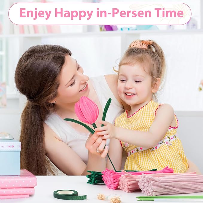 350 Piece Pipe Cleaner Craft, 4 Color Pipe Cleaners Bulk, Chenille Stems for DIY Flower Making Kits with Hot Melt Adhesive, Gardening Tape, Stamens (Pink)