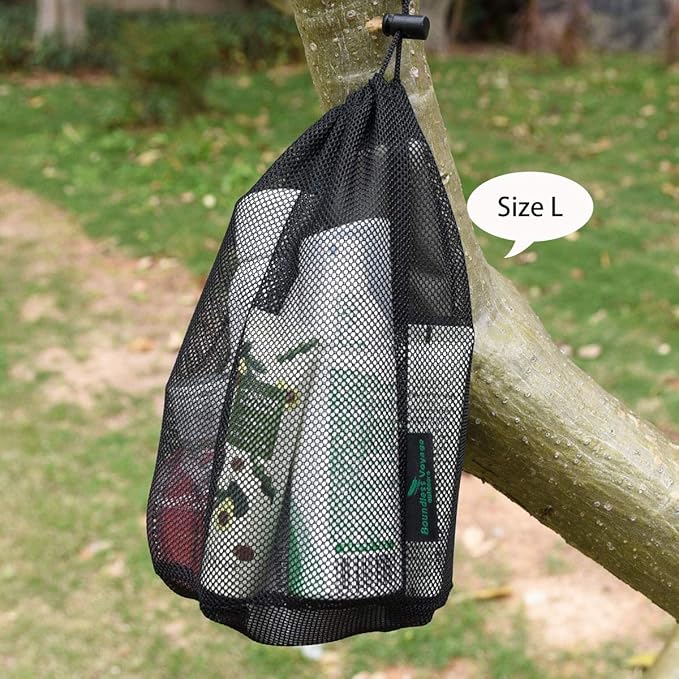 iBasingo 5pcs Black Mesh Nylon Sack With Drawstring - Durable Small Travel Sleeping Bag Stuff Sack for Cosmetics, Shower Gels, Bottles, Tennis Balls, Golf Balls, Tools - BVP03
