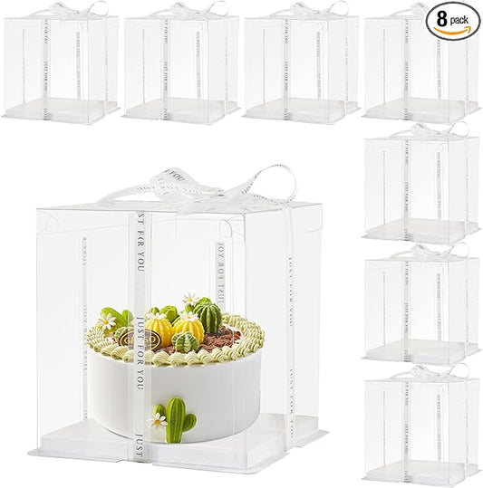 8Pcs Clear Cake Box with Ribbon 2-Layer 10x10x9 Inch, Transparent Cake Box with Lids, Tall Cake Boxes, Transport Gift Boxes for Birthday Wedding Valentine'Day.(Clear, 10 * 10 * 9inch/8pcs)