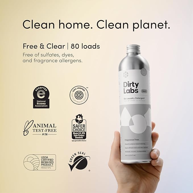 Dirty Labs | Bio-Liquid Laundry Detergent Refill & Pump Set | Free & Clear | 80 Loads (21.6 fl oz) & Pump | Hyper-Concentrated | High Efficiency & Standard Machine Washing | Nontoxic, Biodegradable