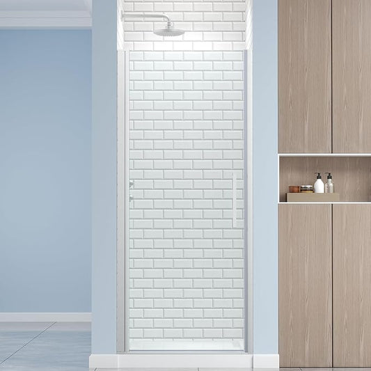 Frameless Pivot Shower Door 32.8-34" W X 72" H, 1/4" (6mm) Clear SGCC Tempered Glass, Hinged Pivot Swing Shower Door, Reversible Installation, Easy to Clean, Brushed Nickel