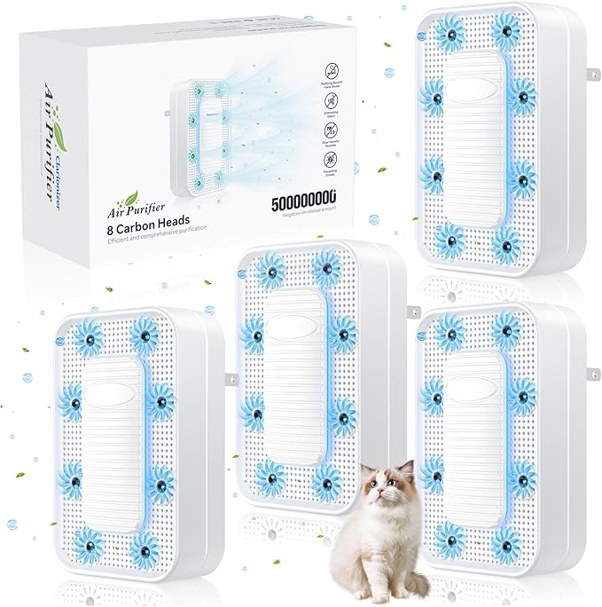 Plug-In Air Ionizer (4 Pack), 10 Times Efficiency Improvement, Negative Ion Odor Air Purifier, Filterless & Portable Wall Outlet Air Freshener, Ultra Quiet Operation for Pet Odors, Dust, Smoke Smell