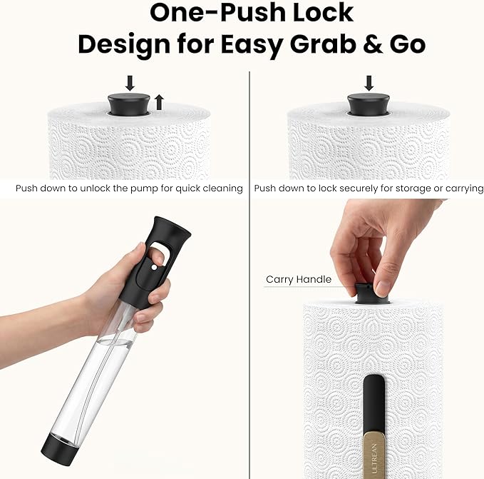 Ultrean Paper Towel Holder with Spray Bottle, Countertop Freestanding Paper Towel Dispenser with Spring-Loaded Tension Arm for One-Handed Tear, Weighted Non-Slip Base, Stainless Steel for Kitchen,Gold