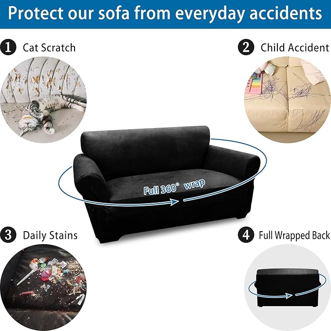 Loveseat Sofa Slipcover Leather Look Couch Covers for 2 Seater Couch Sofa 1-Piece Sofa Cover Stretch Furniture Protector with Elastic Bottom & Pockets(Loveseat, Black)