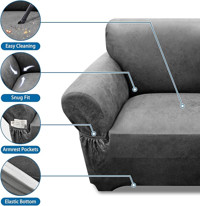 Single Sofa Cover Leather Look Chair Covers for Living Room 1-Piece Sofa Chair Covers with Arms Stretch Furniture Protector with Elastic Bottom & Pockets(Armchair, Grey)