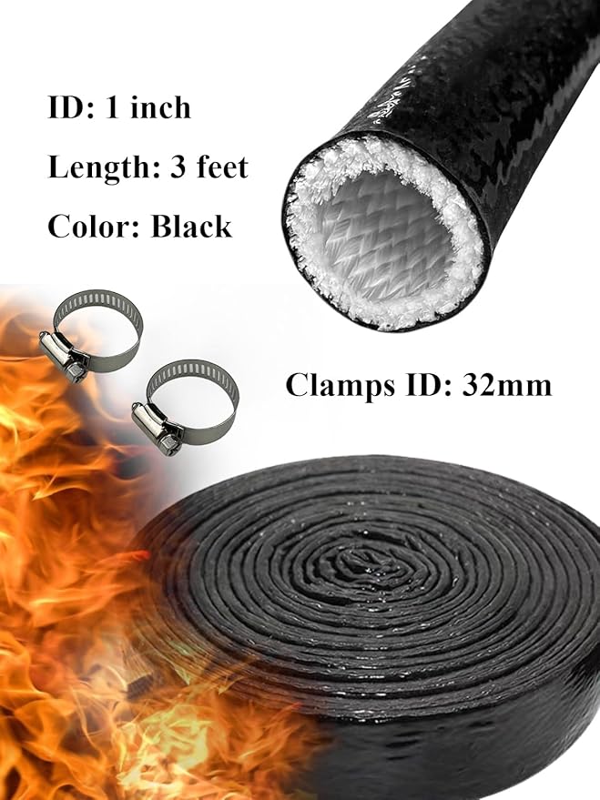YAMAKATO 1" ID Heat Shielded Fire Thermo Armor Fire Sleeve Silicone Coated Fiberglass Heat Protection for Automotive Hose Lines & Electrical Wiring (Black, 3FT