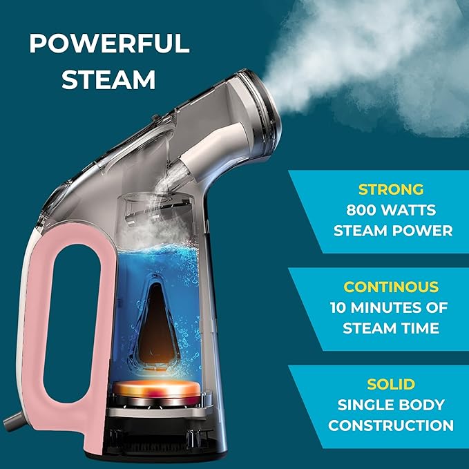 True & Tidy® Handheld Garment Steamer for Clothes with Water Cup Accessory, Portable Travel Steam Iron, Stainless Steel Plate up to 10 mins of Continuous Steam, 800 Watts, Pink