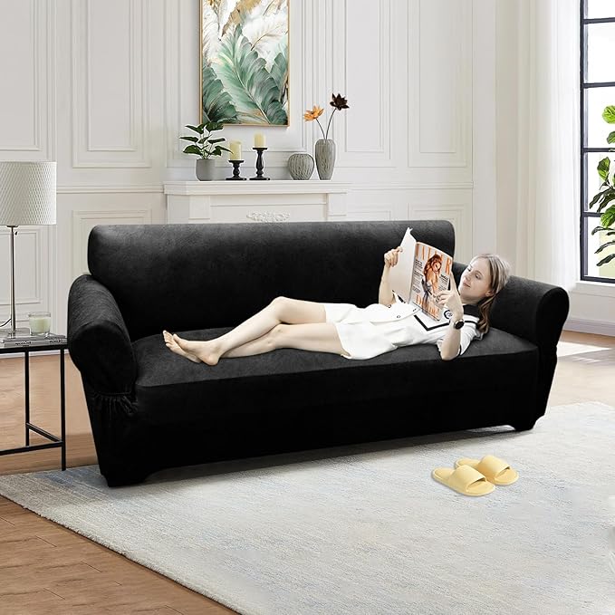 Loveseat Sofa Slipcover Leather Look Couch Covers for 2 Seater Couch Sofa 1-Piece Sofa Cover Stretch Furniture Protector with Elastic Bottom & Pockets(Loveseat, Black)
