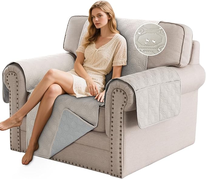 PrinceDeco Chair Covers for Armchair Sofa Cover Waterproof Couch Cover Washable Furniture Protector Cover with Elastic Straps for Pets Kids Children Dog Cat (Chair, French Oak)