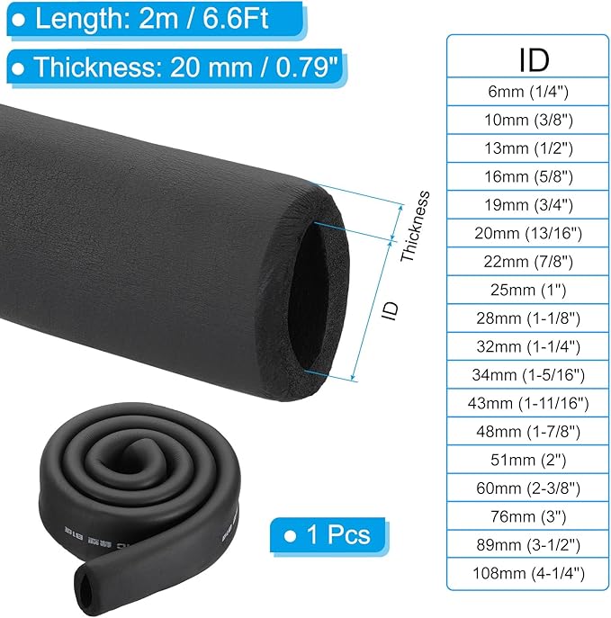 PATIKIL 2-3/8"(60mm) ID x 6.6Ft Pipe Insulation Foam Tubes, Pipe Cover Wrap Roll Bar Padding Tubing for Handle Grip HVAC Outdoor Air Conditioner Units, Black