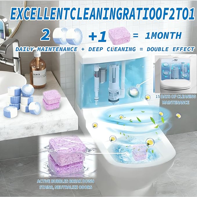 24 PACK Toilet Cleaning Tablets Set - 8 Effervescent Toilet Bowl Cleaners Tablets + 16 White Blue Toilet Tank Tablets, Double-Action Formula for Stain, Water Deposit Removal