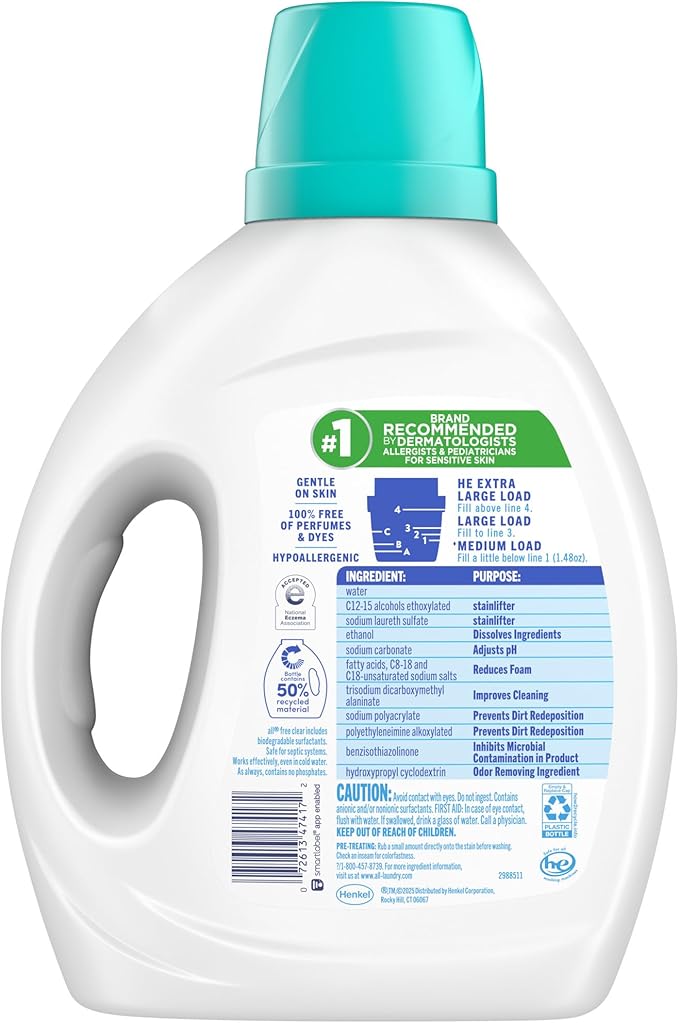 all Liquid Laundry Detergent, Free Clear, Odor Relief, 73 Fluid Ounces, 49 Loads
