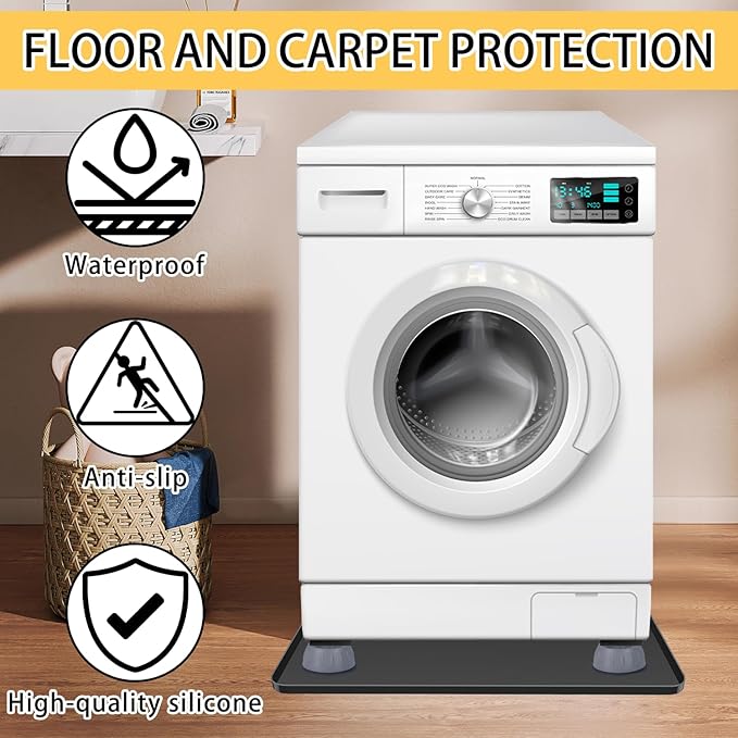 Washing Machine Drain Pan 27"x27" with 4 Anti-Vibration Foot Pads – Washer Tray,Non-Slip, Waterproof, Laundry Appliance Floor protection Set –Noise Reduction Leak Prevention -Soft Silicone Mat