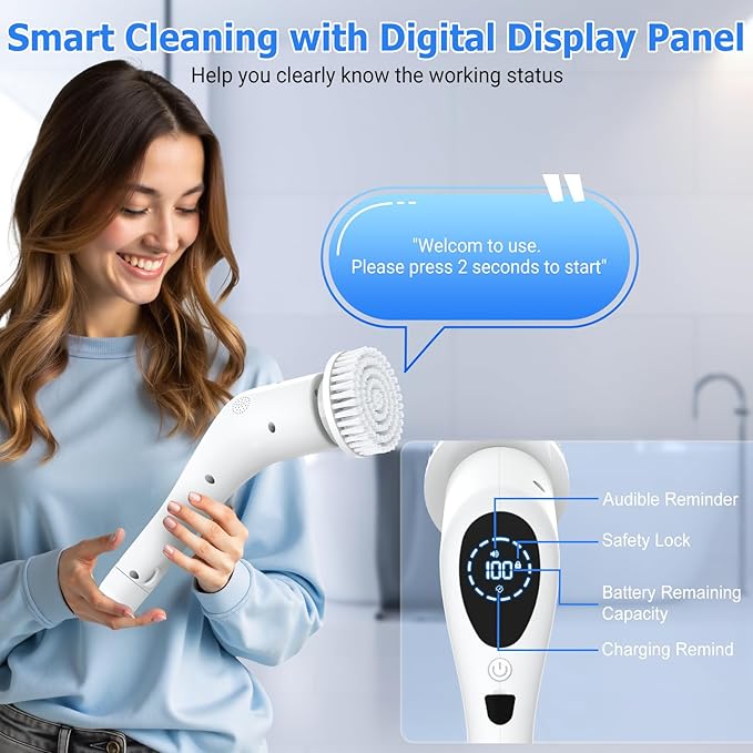 Electric Spin Scrubber, Cordless 3 Speeds Cleaning Brush 430 RPM, Adjustable/Detachable Long Handle, Shower Scrubber for Bathroom, Car, Floor, Shower Cleaning Brush with 9 Replaceable Brushes (White)